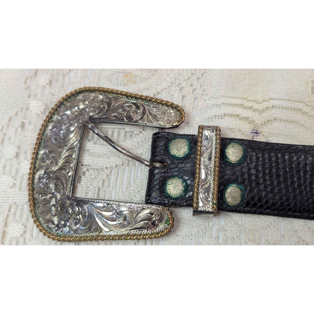 Al Beres Montana Silversmiths Vintage Western Leather Belt Black Silver Size 28